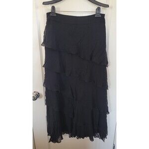 Women's Carmen Marc Valvo Black Silk Tiered Maxi Skirt